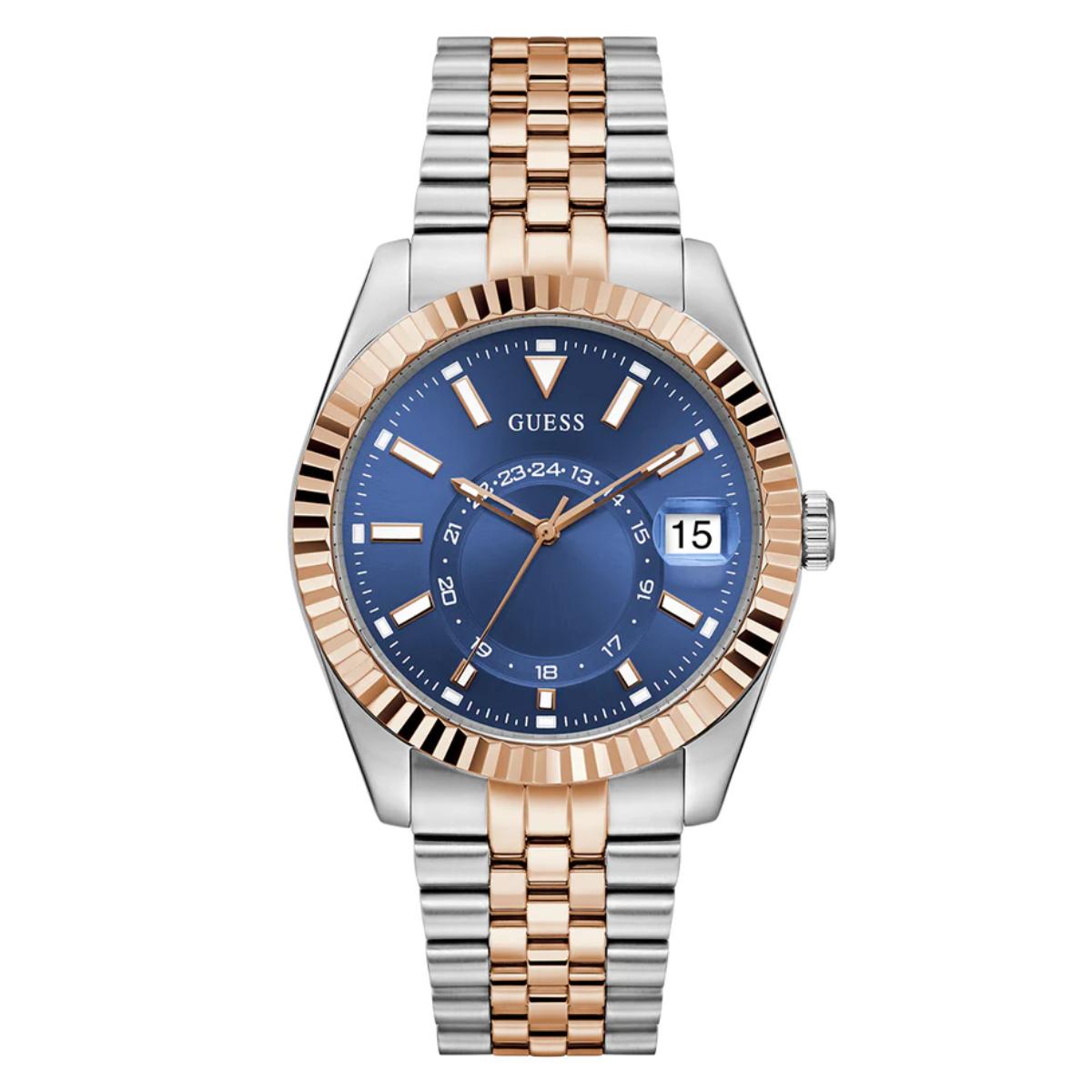 Two-tone watch with blue dial and rose gold accents on a white background