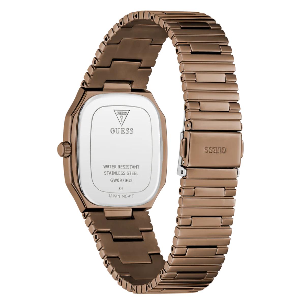 Guess watch with brown metal strap on a white background