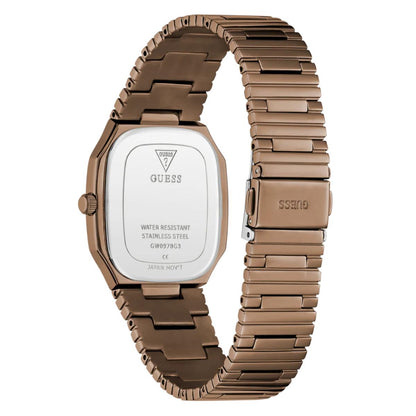 Guess watch with brown metal strap on a white background