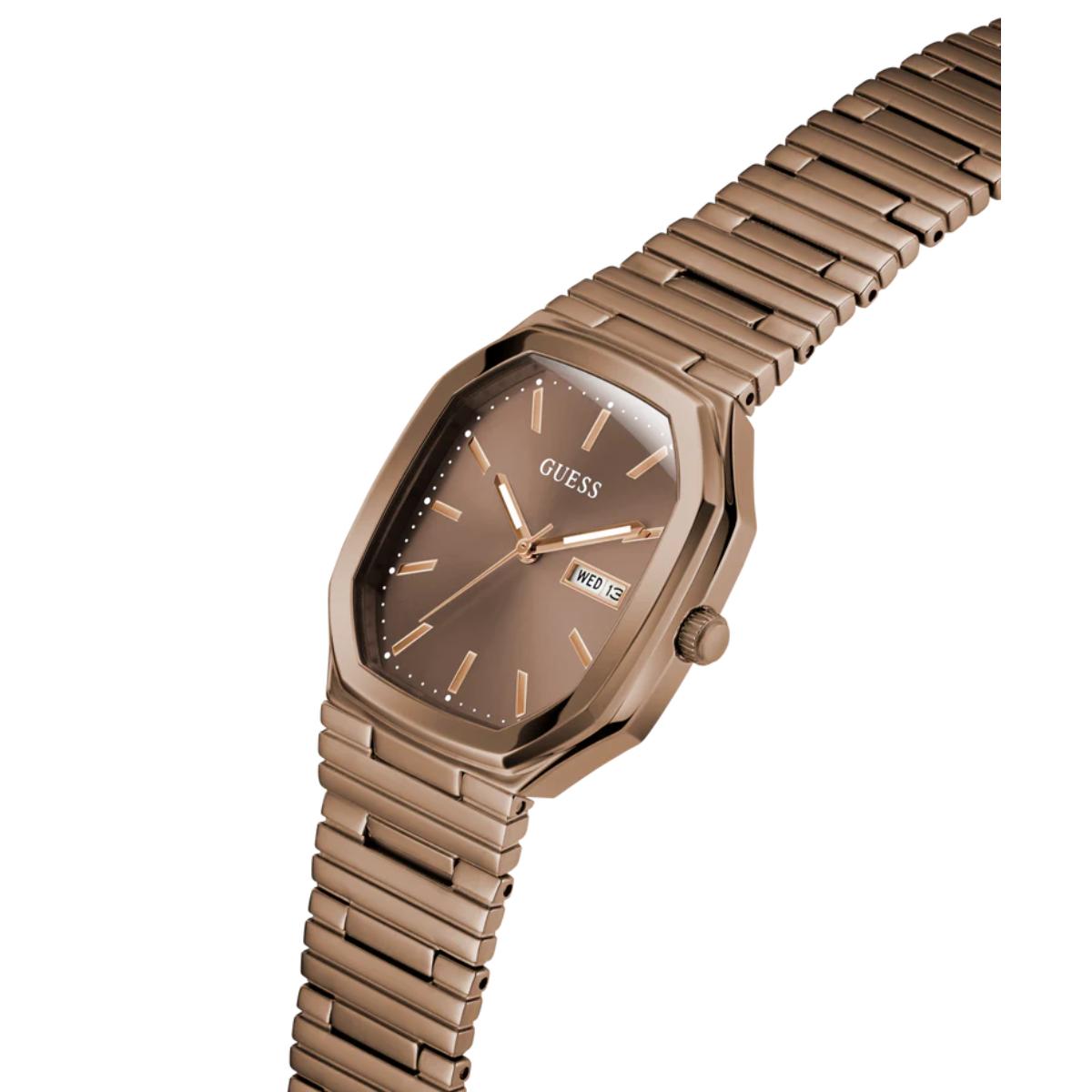 Rose gold watch with metal band on a white background
