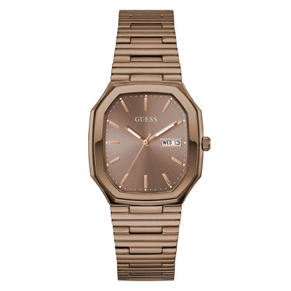 Rose gold watch with metallic band on a white background