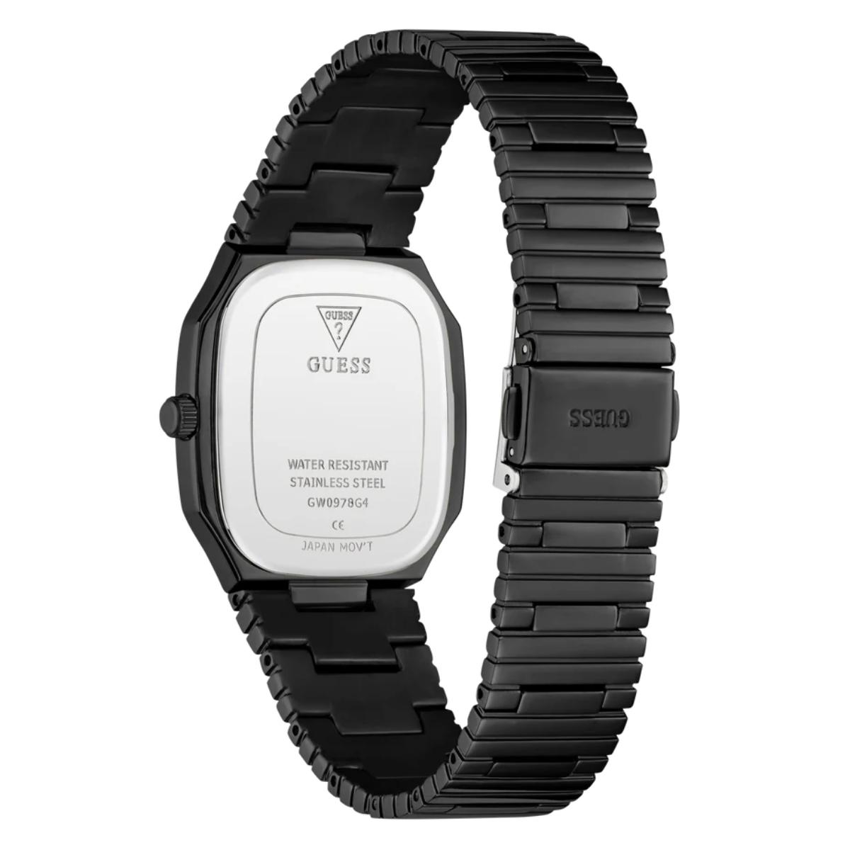 Black Guess watch with a white face on a white background