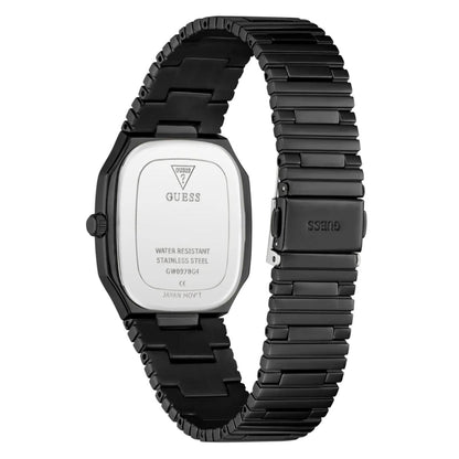 Black Guess watch with a white face on a white background