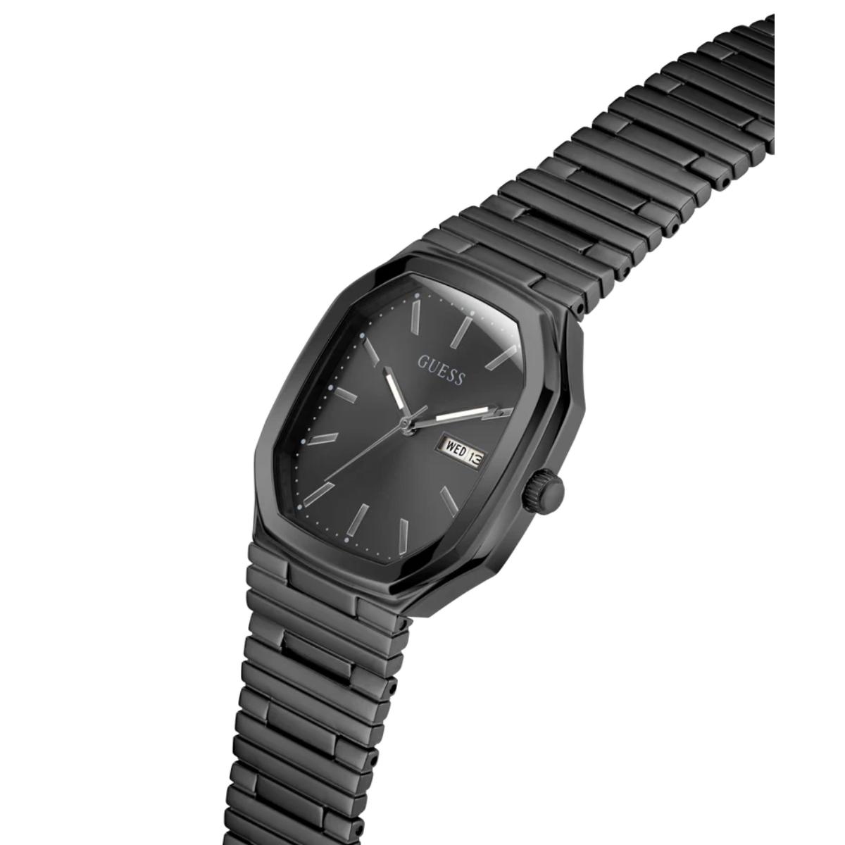 Black watch with metal strap on a white background
