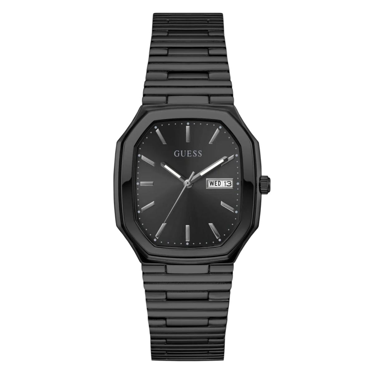 Black watch with a metallic band on a white background