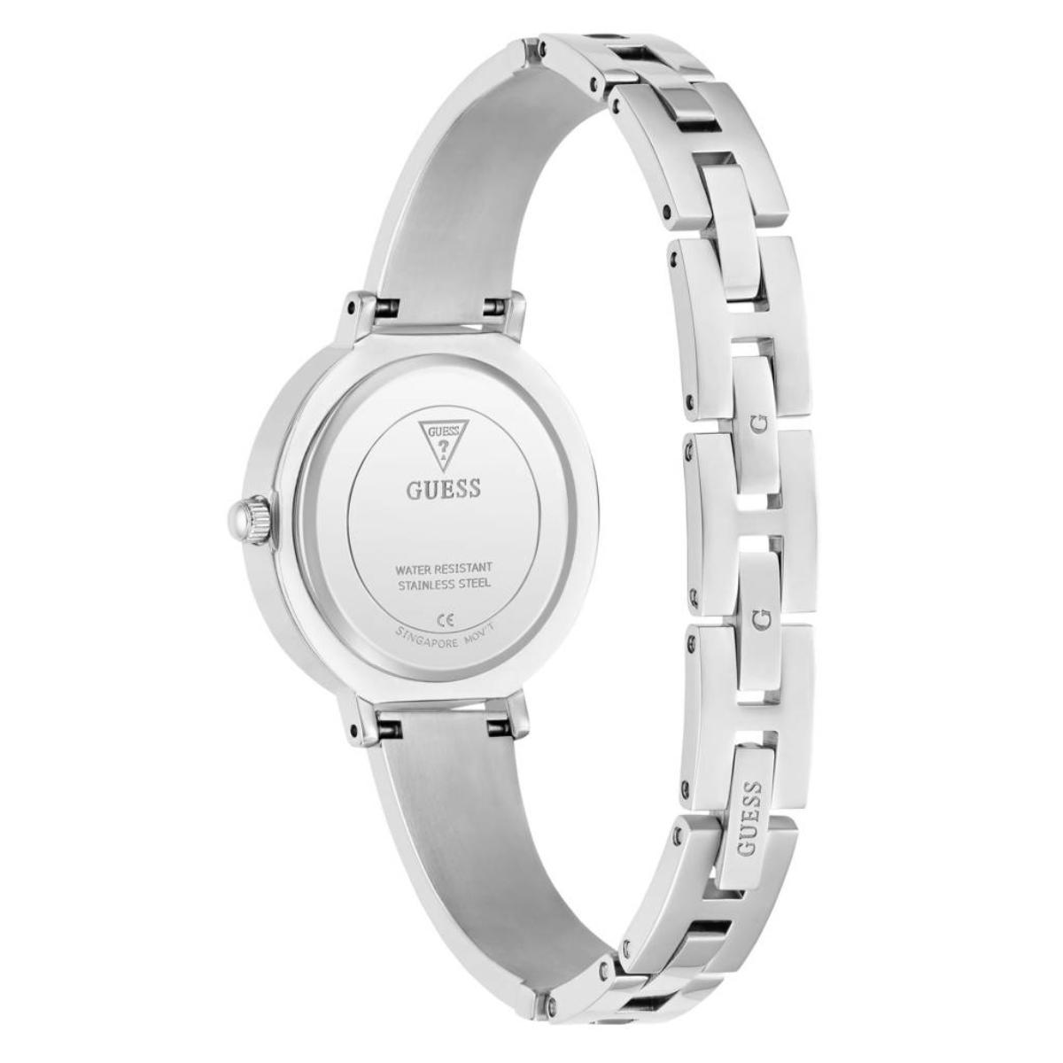 Silver watch with visible brand logo on a white background