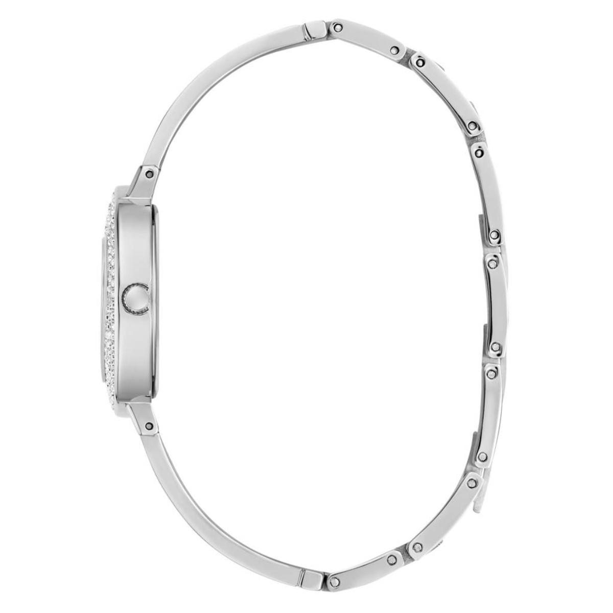 Silver watch strap on a white background