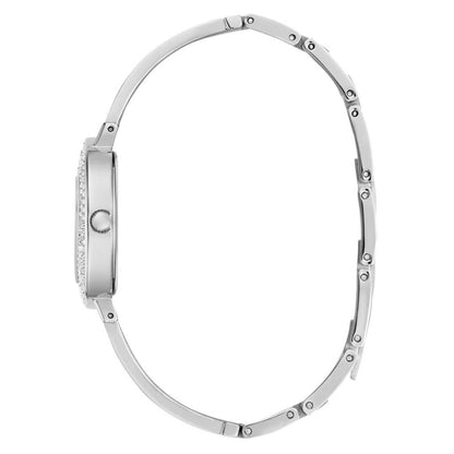 Silver watch strap on a white background