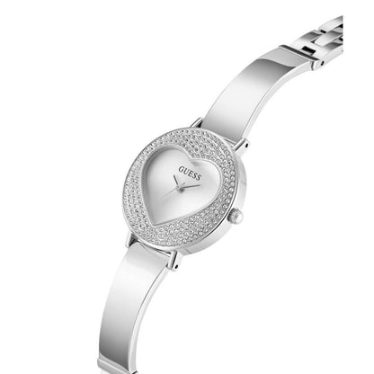 Silver watch with heart-shaped face on a white background