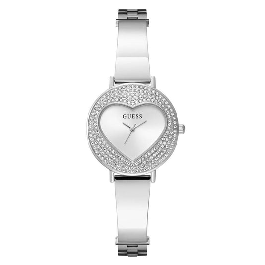 Silver watch with heart-shaped face on a white background