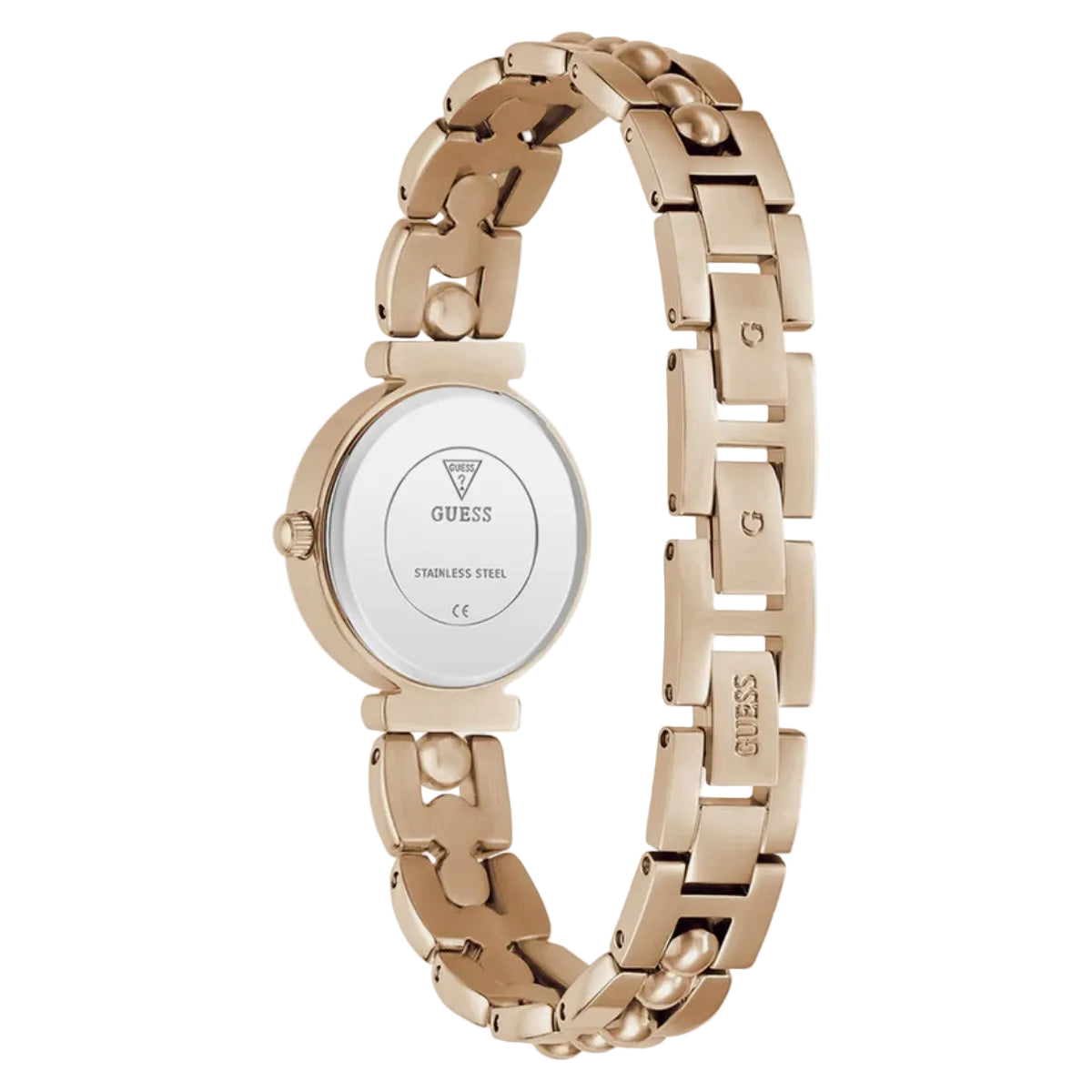 Rose gold watch with a white face on a light gray background