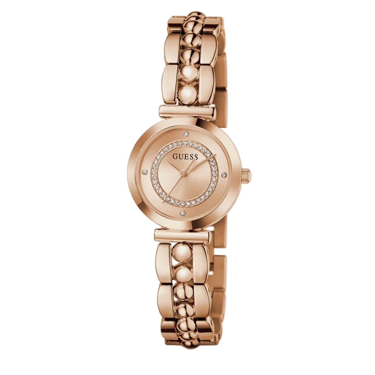 Rose gold watch with chain strap on a light gray background