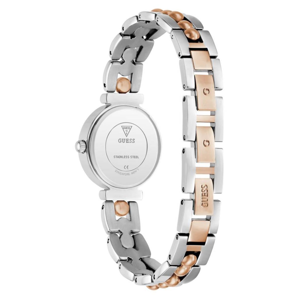 Two-tone Guess watch with silver and rose gold band on a white background