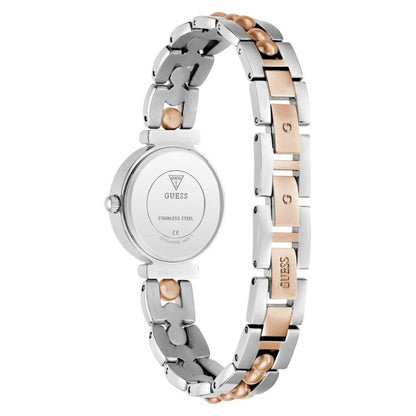 Two-tone Guess watch with silver and rose gold band on a white background
