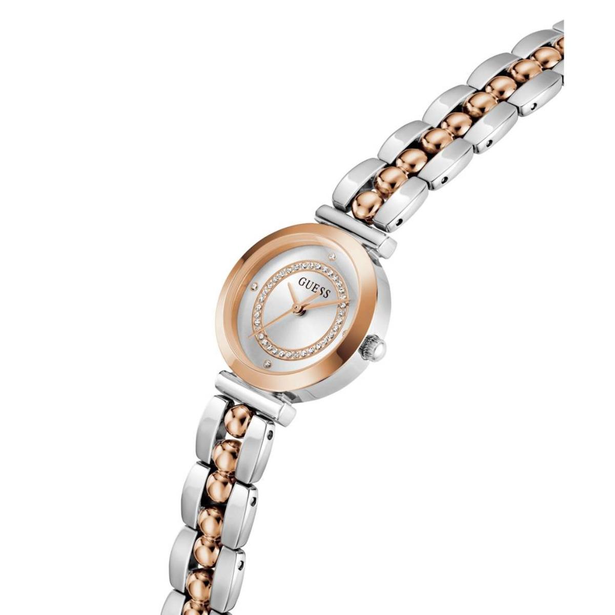 Two-tone watch with rose gold and silver bracelet on a white background