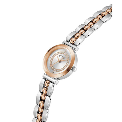 Two-tone watch with rose gold and silver bracelet on a white background