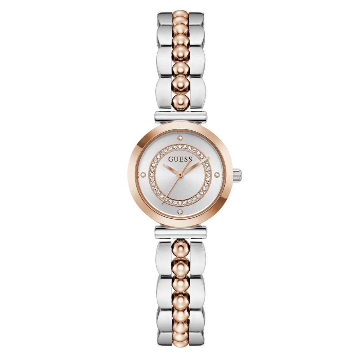 Two-tone watch with rose gold and silver band on a white background