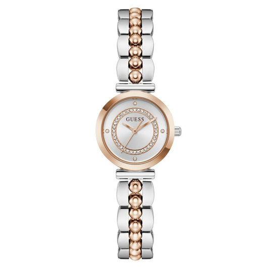 Two-tone watch with rose gold and silver band on a white background