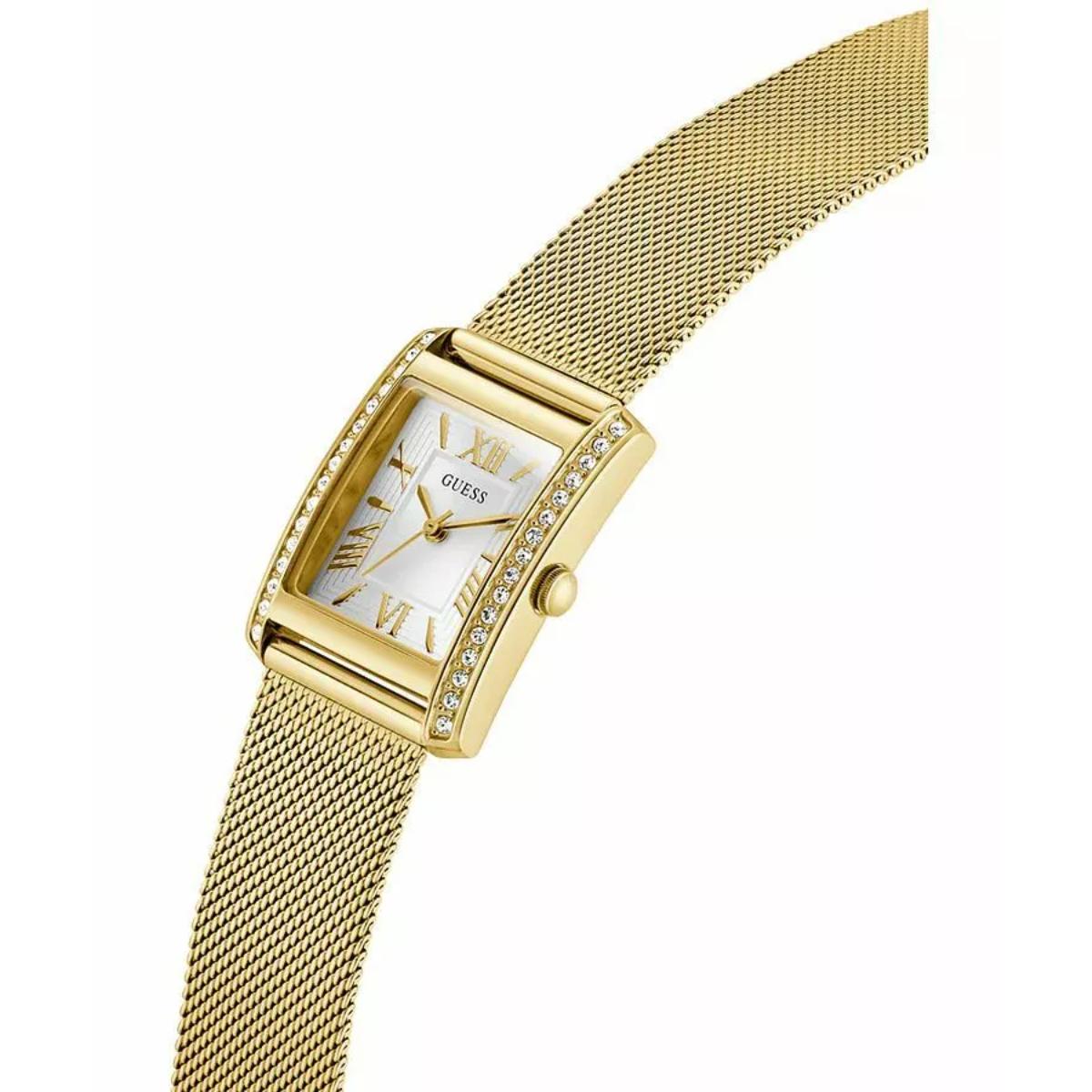 Gold watch with a mesh band on a white background