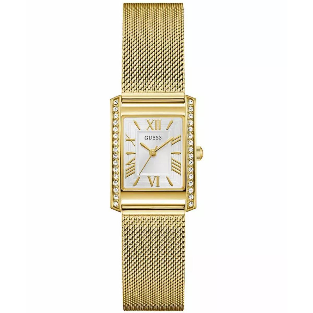 Gold watch with a mesh band on a white background