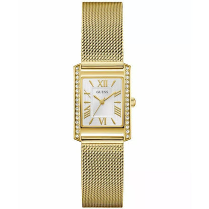 Gold watch with a mesh band on a white background