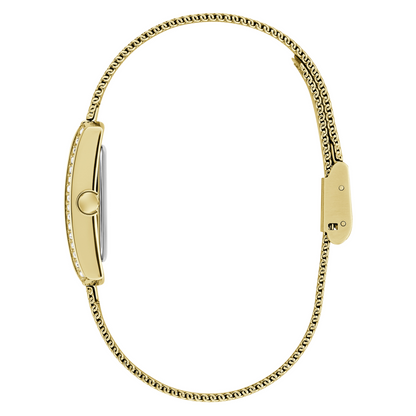 Gold watch with a chain strap on a white background