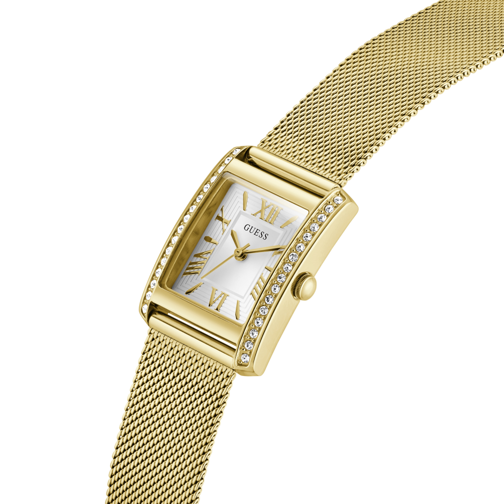 Gold watch with a mesh band on a white background
