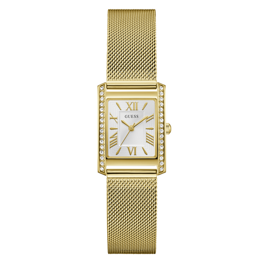 Gold watch with a white face on a white background