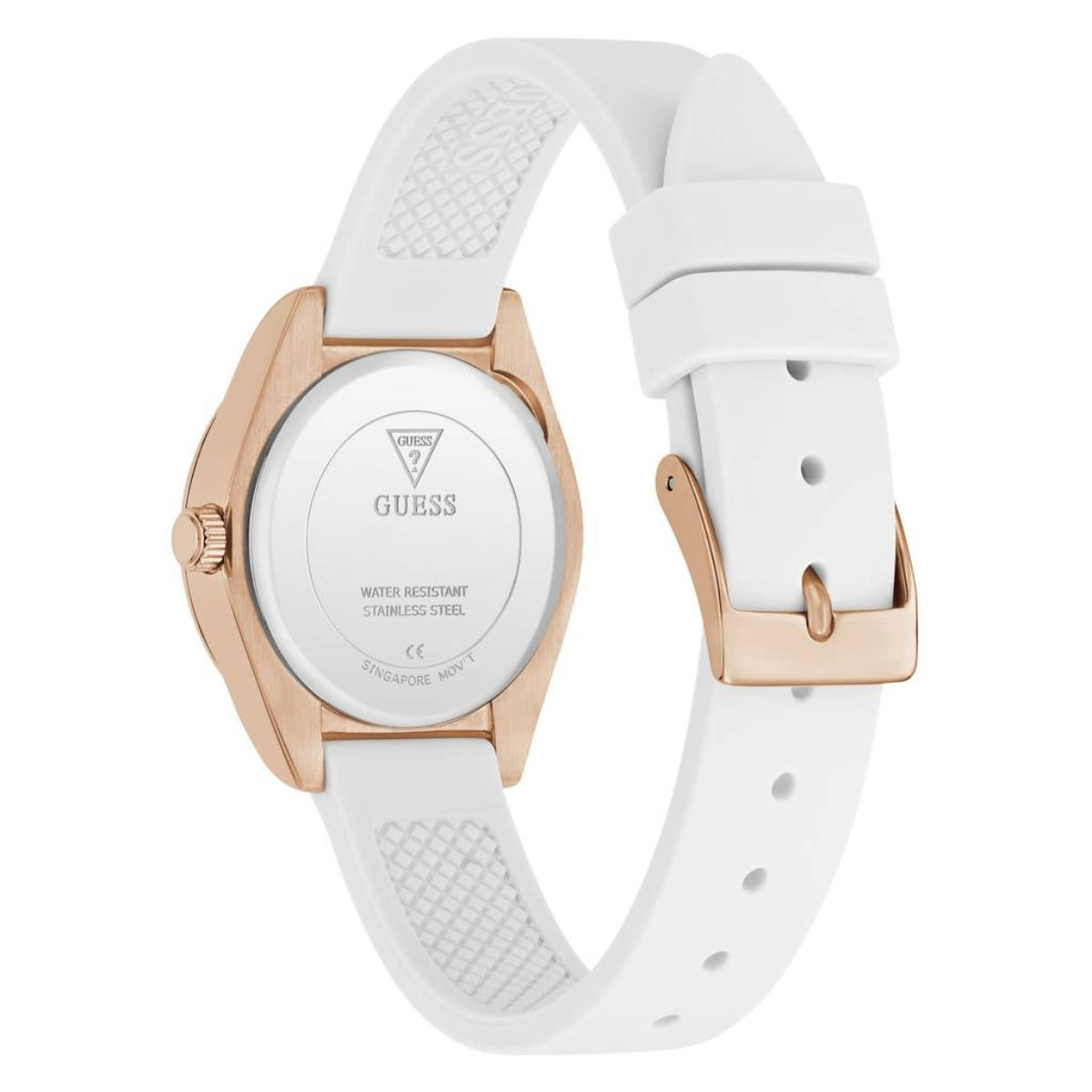 White watch with rose gold accents on a white background
