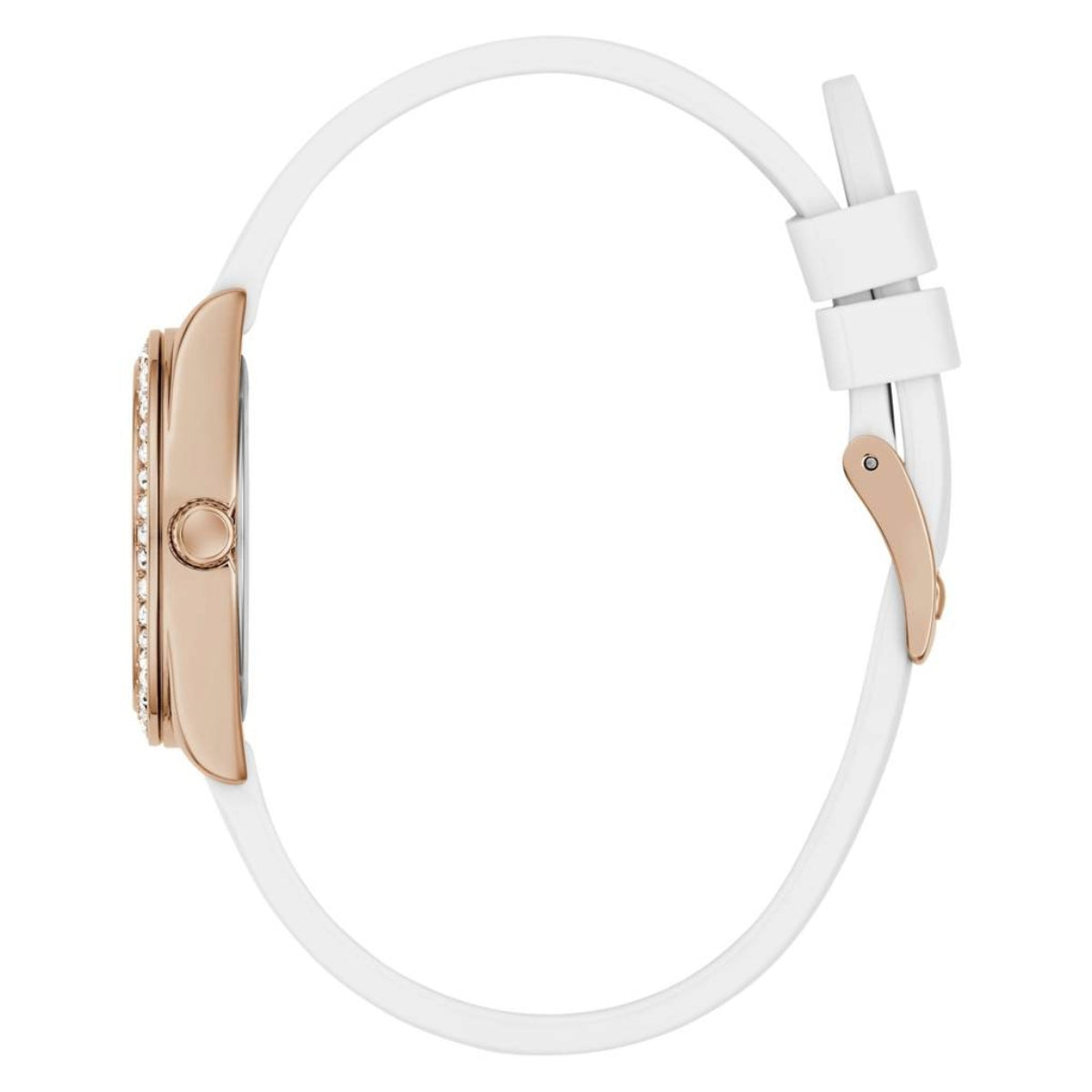 Watch with white strap and rose gold case on a white background