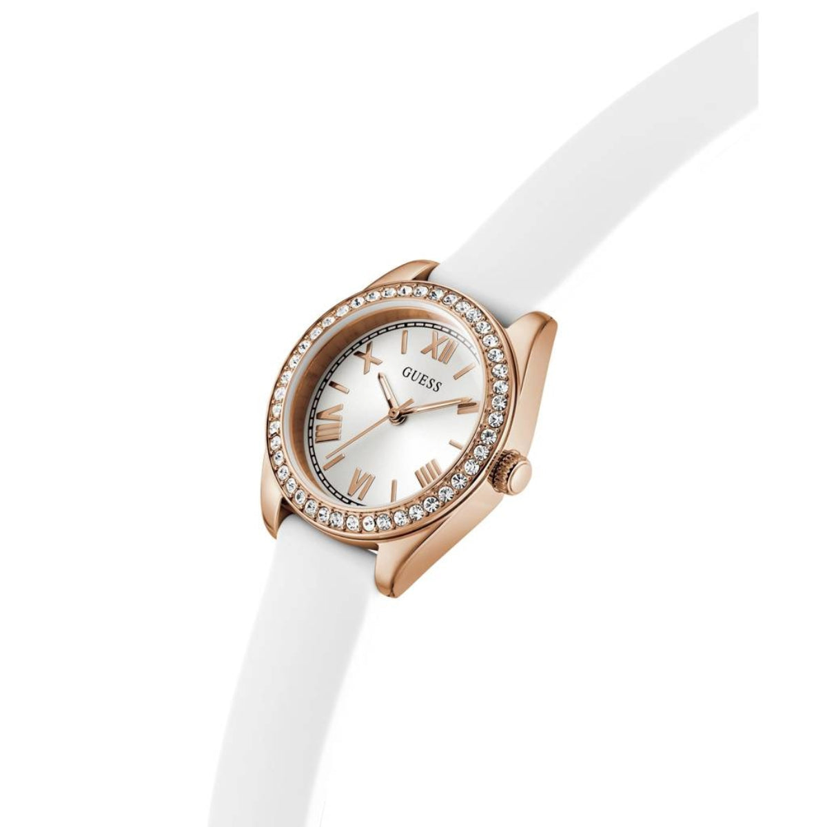 Guess watch with rose gold case and white strap on a white background