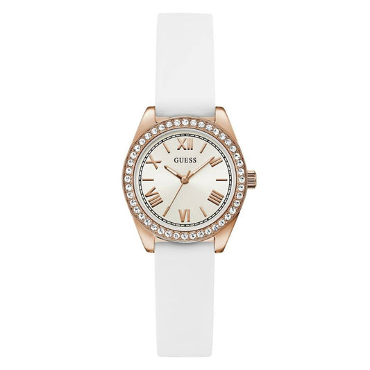 White watch with rose gold case and white strap on a white background