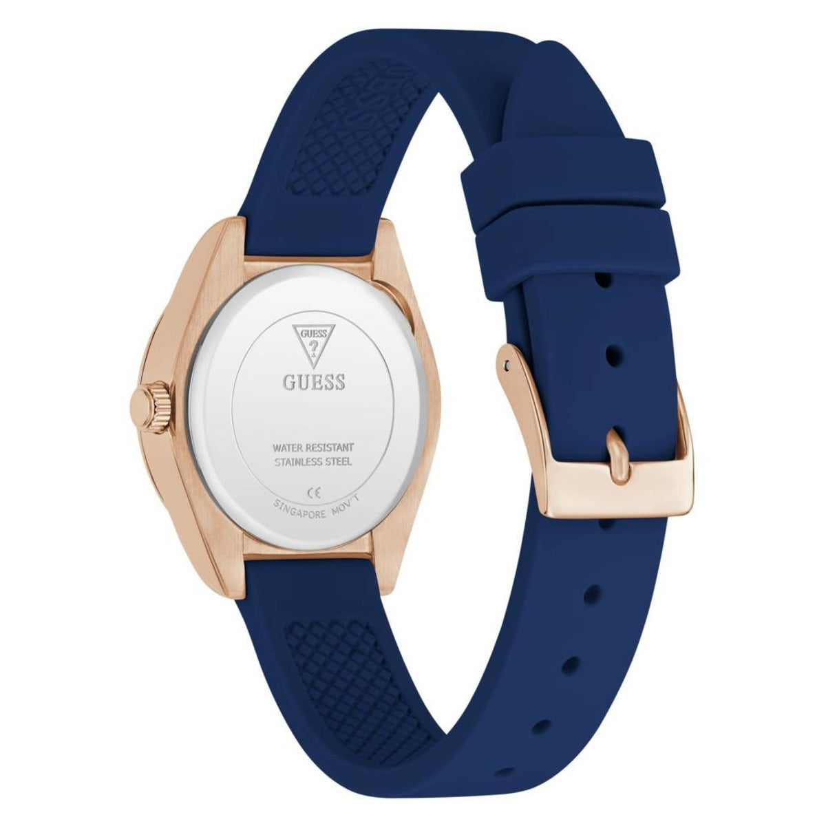 Guess watch with blue strap and rose gold case on white background