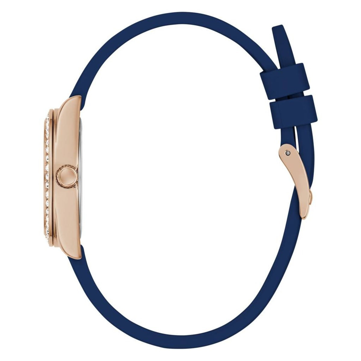 Watch with a blue strap and rose gold case on a white background