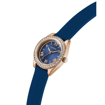 Wristwatch with blue strap and rose gold case on a white background