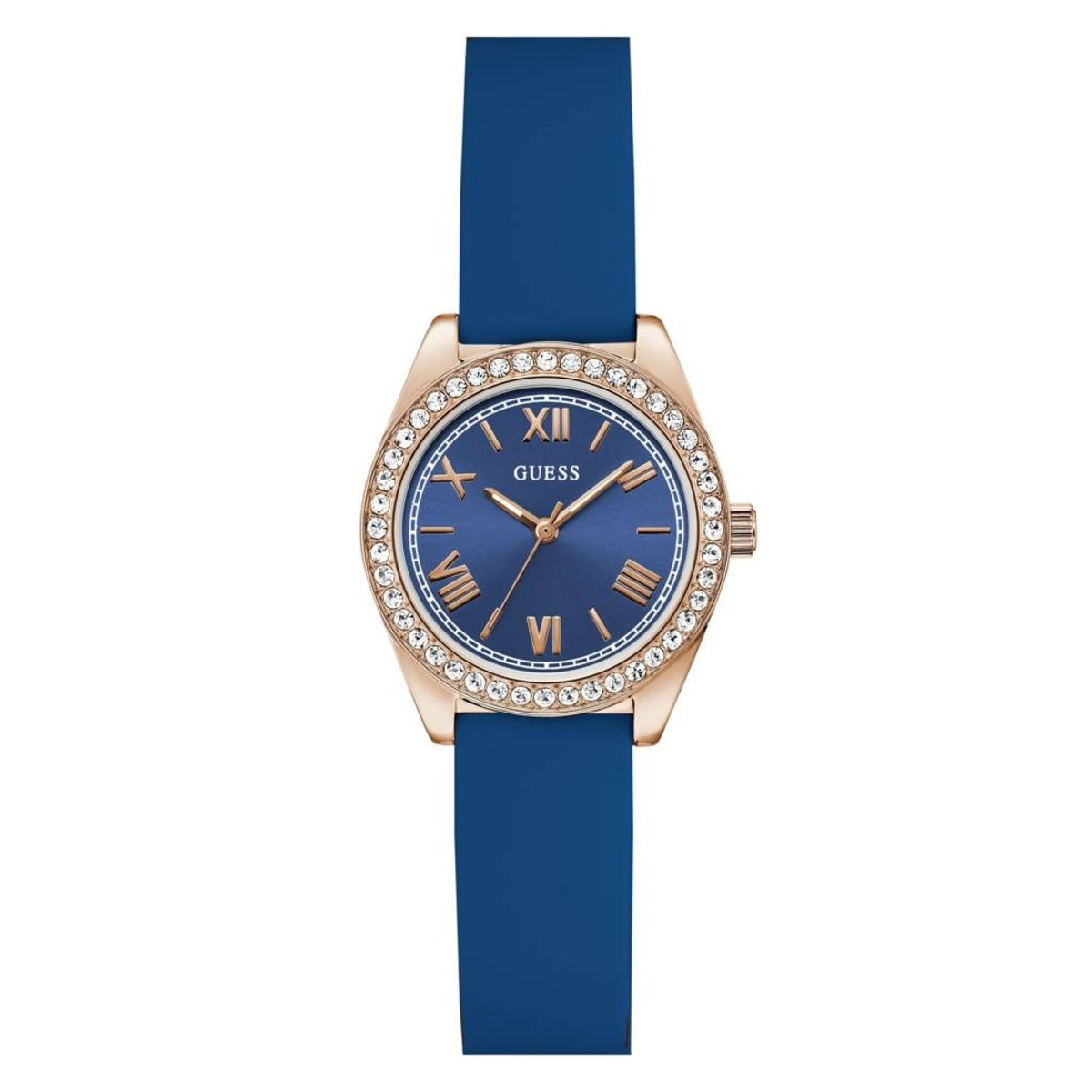 Blue watch with rose gold case and blue strap on white background