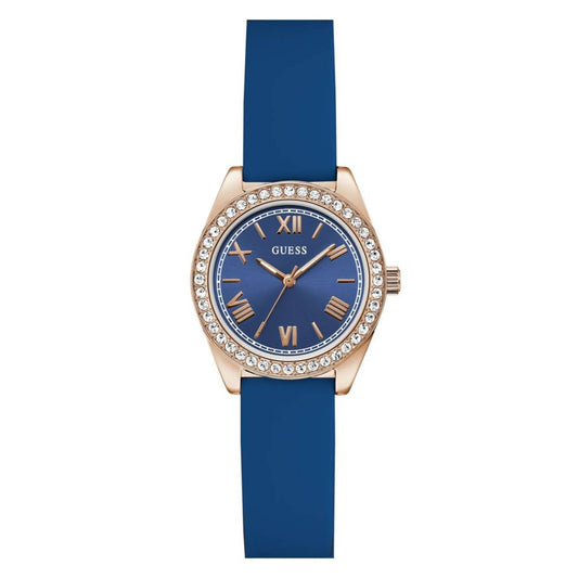 Blue watch with rose gold case and blue strap on white background