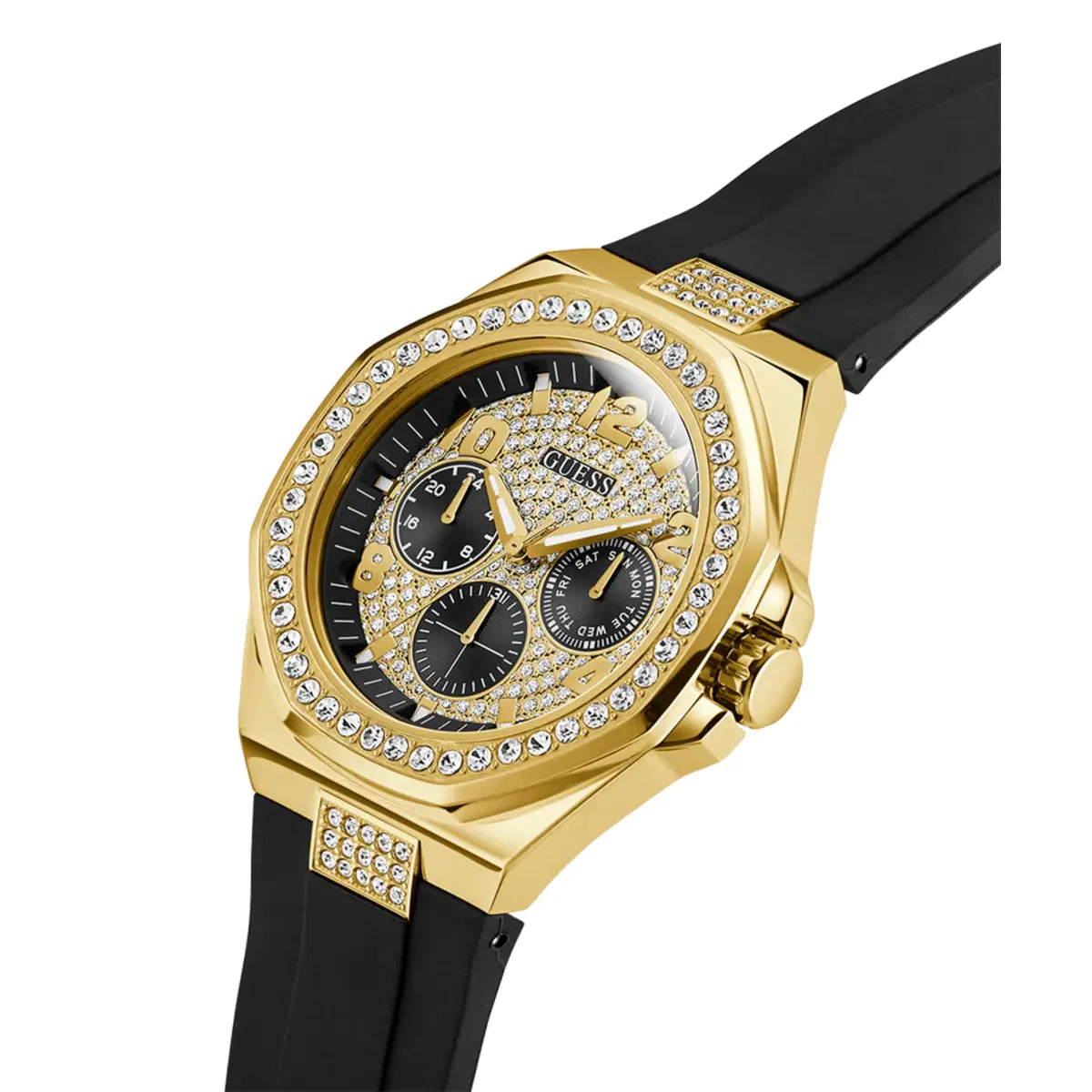 Gold watch with black strap and gemstone accents on a white background