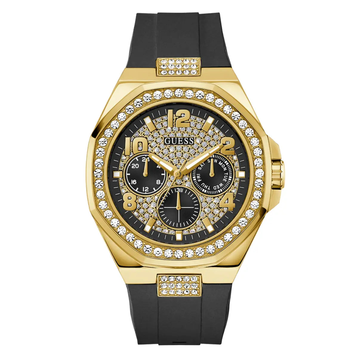 Gold and black watch with gemstone accents on a white background