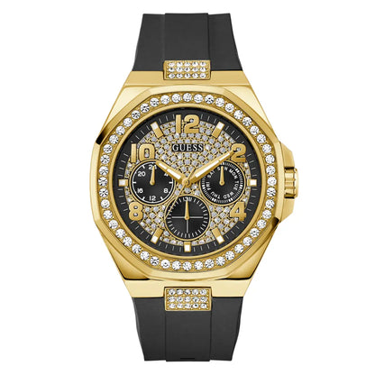 Gold and black watch with gemstone accents on a white background