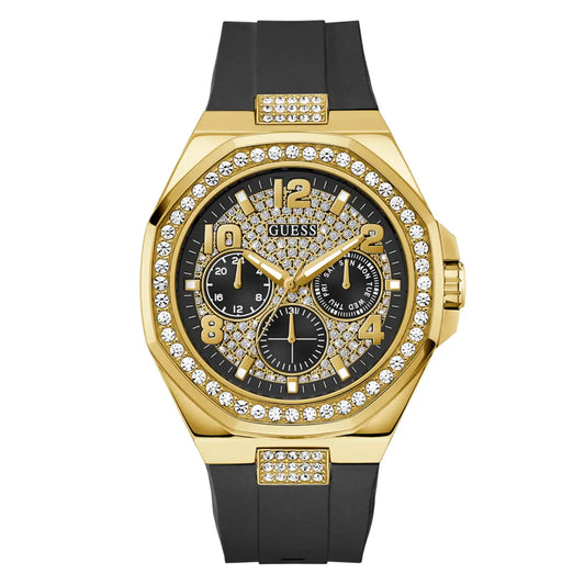 Gold and black watch with gemstone accents on a white background