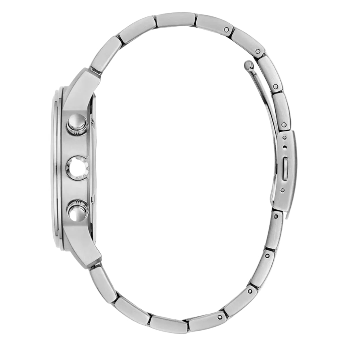 Close-up of a silver watch band on a white background