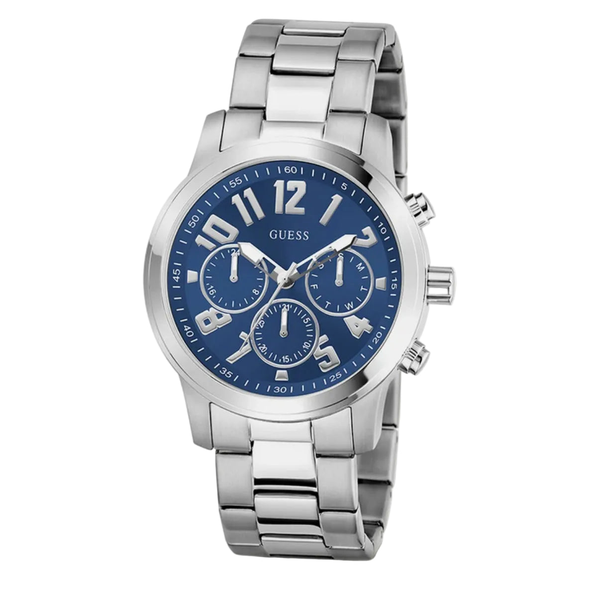 Silver watch with blue dial on a white background