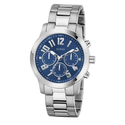 Silver watch with blue dial on a white background