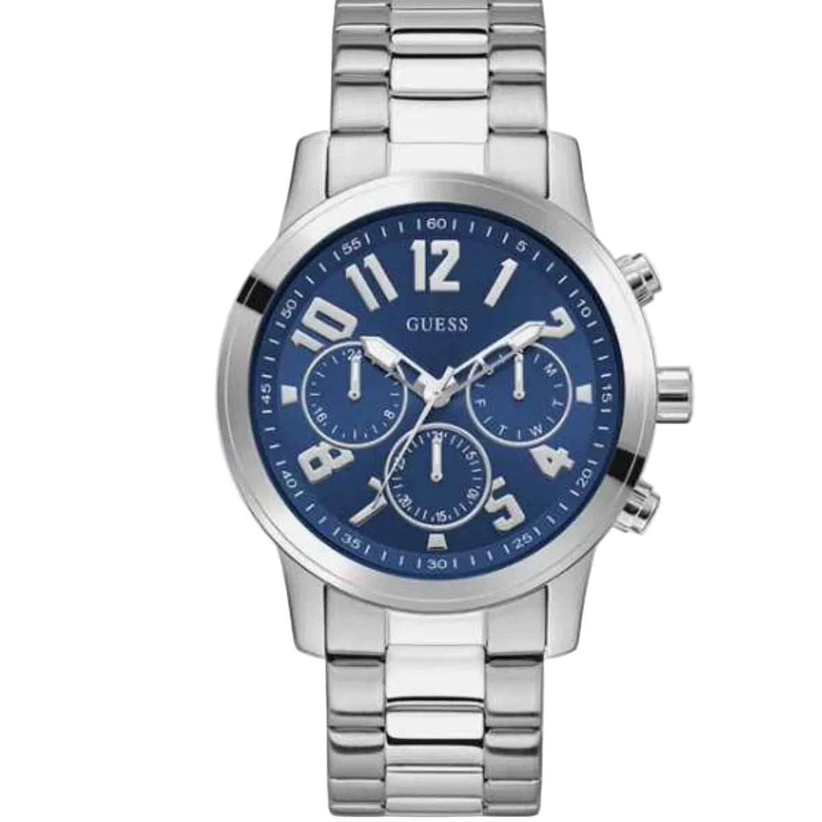 Silver watch with a blue dial on a white background