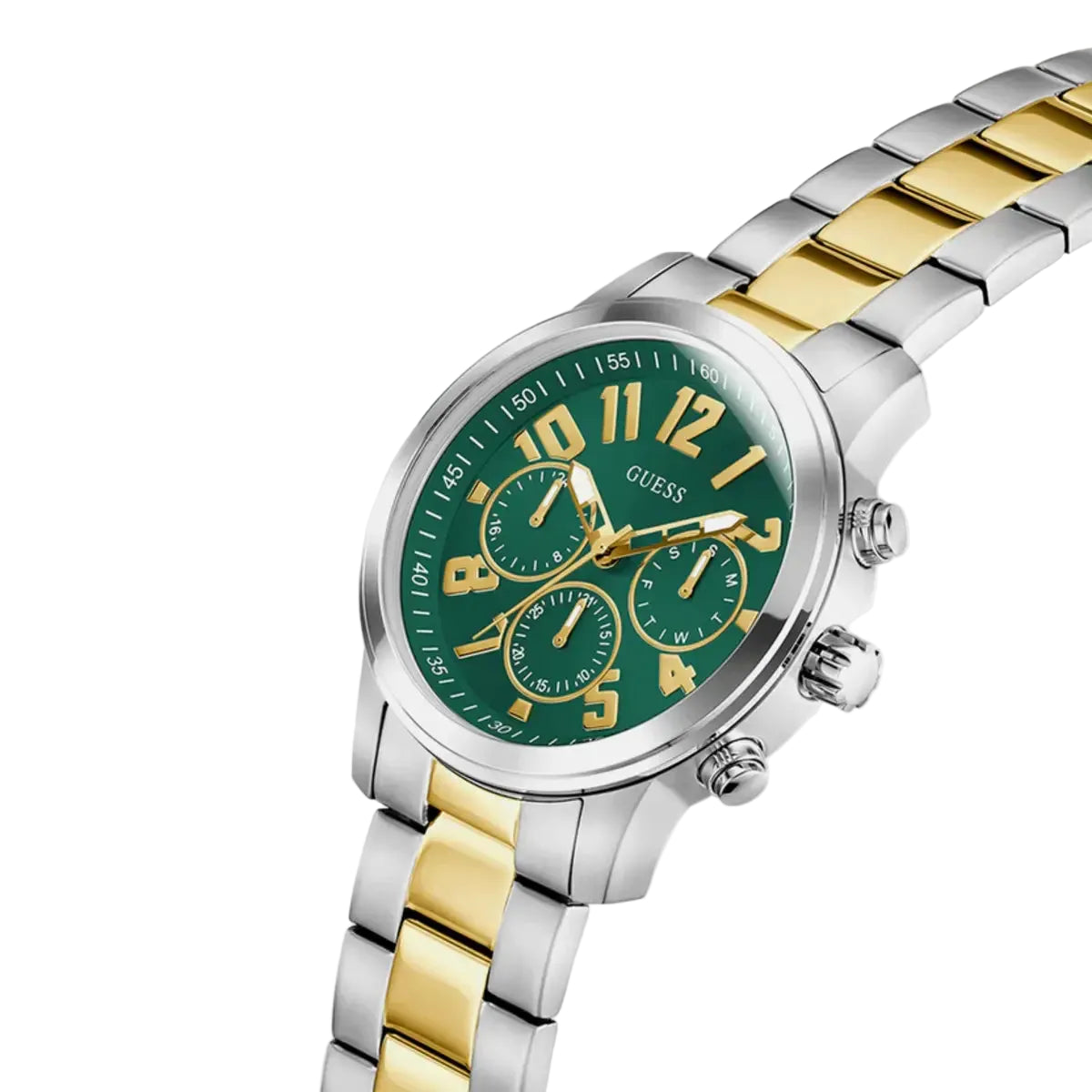 Two-tone silver and gold watch with a green dial on a white background