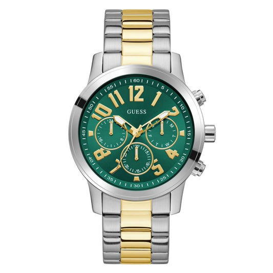 Two-tone silver and gold watch with a green dial on a white background