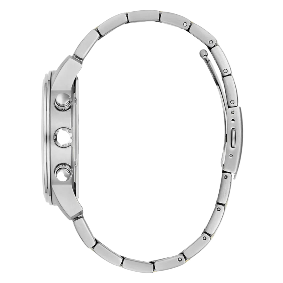 Close-up of a silver watch band on a white background