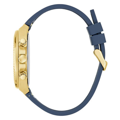 Watch with gold case and blue strap on a white background