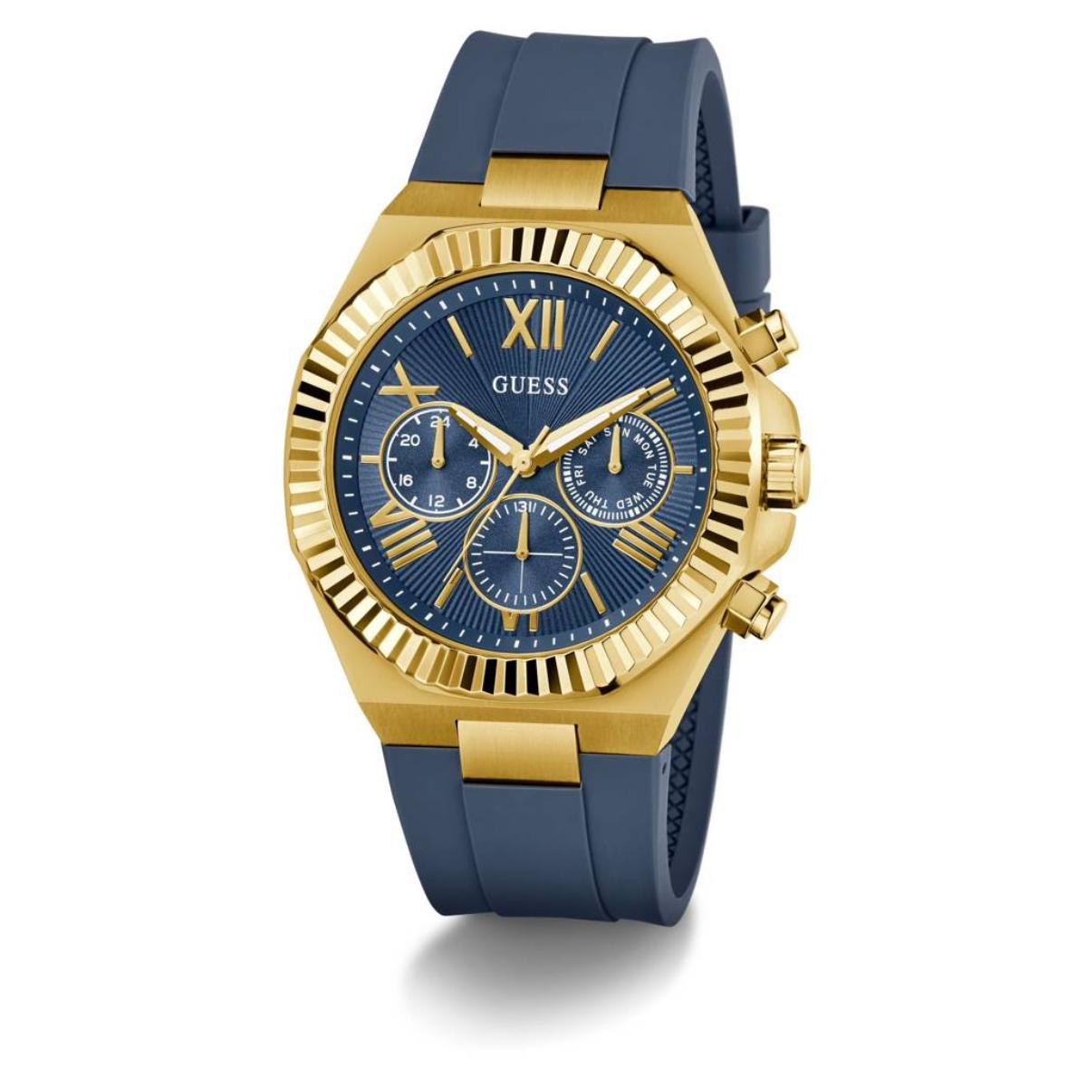 Gold and blue watch with a white background